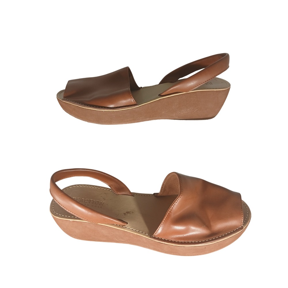 REACTION Kenneth Cole Brown Leather Slingback Wedge Sandals Women US 8